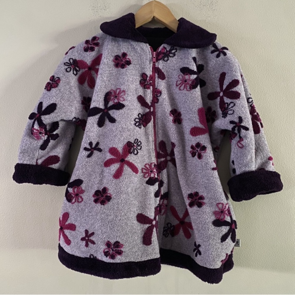 Corky & Company Swing Coat Purple Floral Plush Fleece Pockets Size 5/6